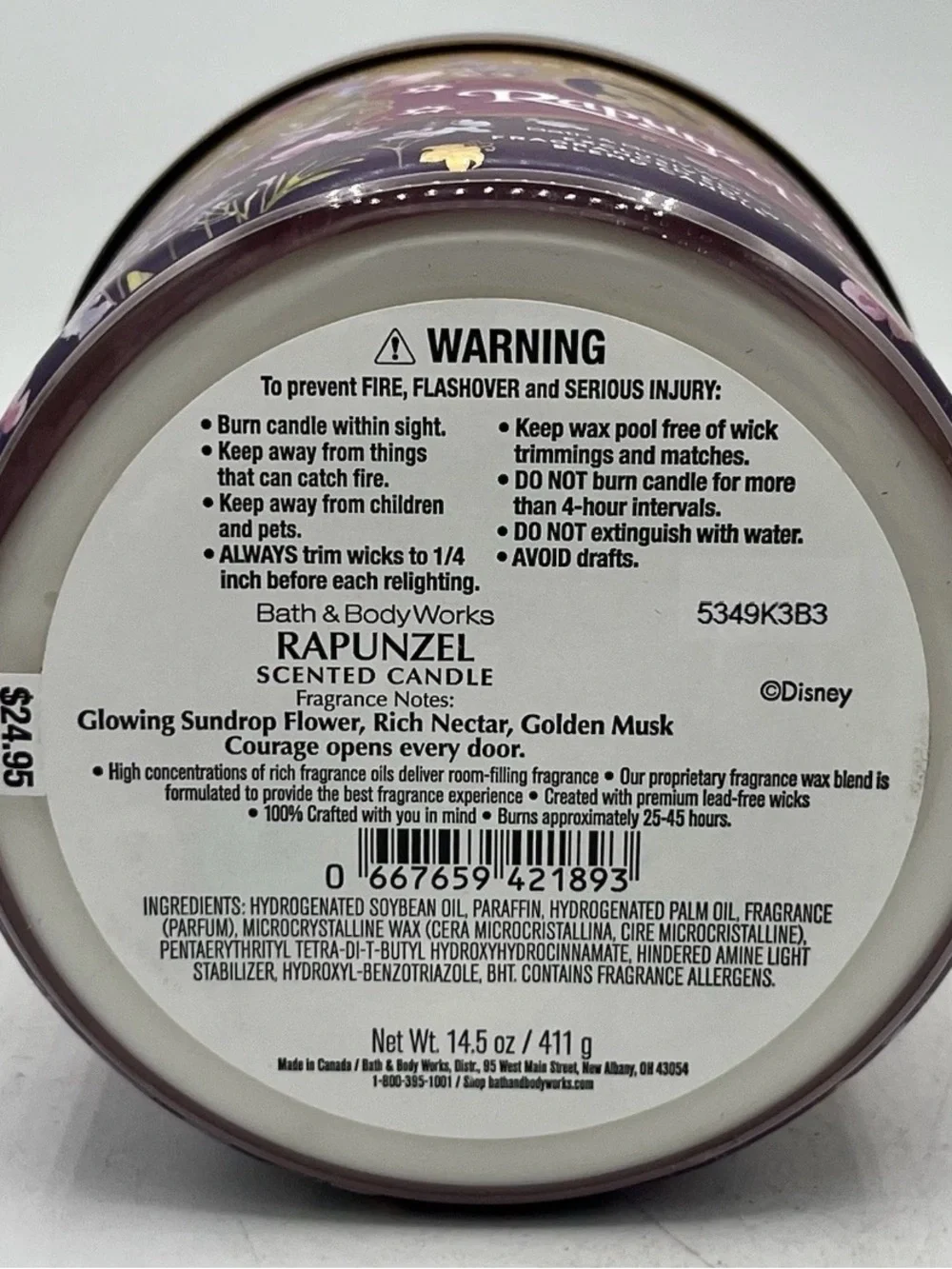 NEW! Bath & Body Works Disney Princess Rapunzel 3-Wick Candle Crown Embossed Lid